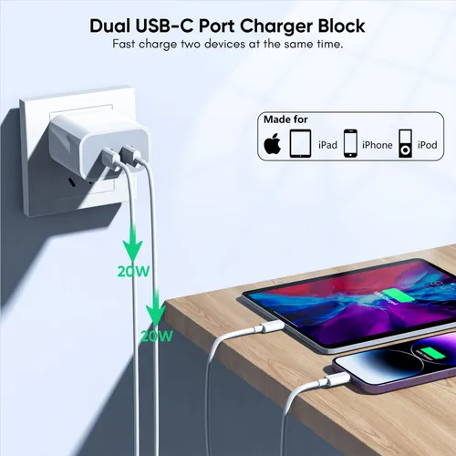 Vista 3 de Cargador rápido para iPhone de 10 pies, [certificado Apple MFi] Paquete de 2 cargadores rápidos PD Dual Apple, bloque de carga USBC, cable Lightning