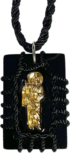 Vista 2 de St Jude - Collar escapulario de madera negra, reversible, chapado en oro, escapulario negro, madera, San Judas Tadeo, Madera, cordón, Sin gemas.
