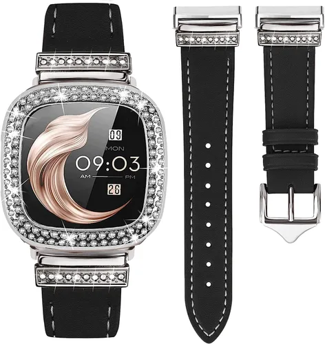 Vista 9 de Correa de cuero compatible con Fitbit Sense 2/Versa 4 para mujeres, elegante correa de cuero con hebilla metálica en forma de D con strass con funda