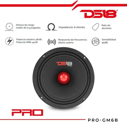 Vista 2 de DS18 2 altavoces PRO-GM8B de 8 pulgadas, rango medio, bala de aluminio roja, 580 W máximo, 190 W RMS, 8 ohmios, altavoces de puerta de audio de alta