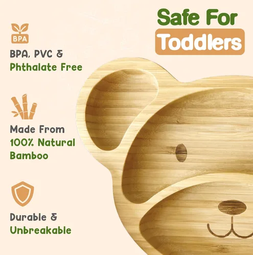 Vista 5 de Platos de bambú para niños - Platos para bebés y niños pequeños con succión para alimentación y destete, diseño de oso ecológico que promueve