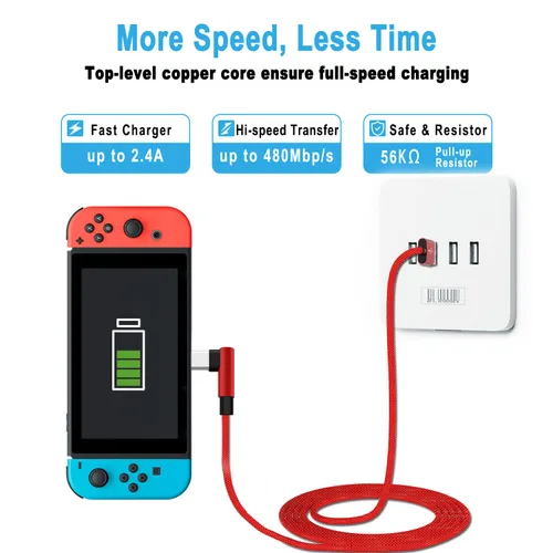 Vista 3 de Cable de carga para NS Switch and Switch LiteOLED y Pro Controller Paquete de 2 cables extralargos de punta de 90 grados de nailon trenzado USB C a