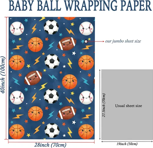 Vista 6 de SaringSwoon Papel de regalo para baby shower para niños y niños, papel de regalo de pelota deportiva azul con diseño de baloncesto, fútbol, béisbol