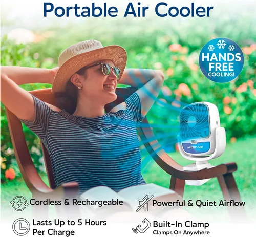 Vista 2 de Arctic Air Grip Go Enfriador evaporativo, ventilador inalámbrico y portátil con 3 velocidades, abrazadera universal giratoria de 360 grados, carga