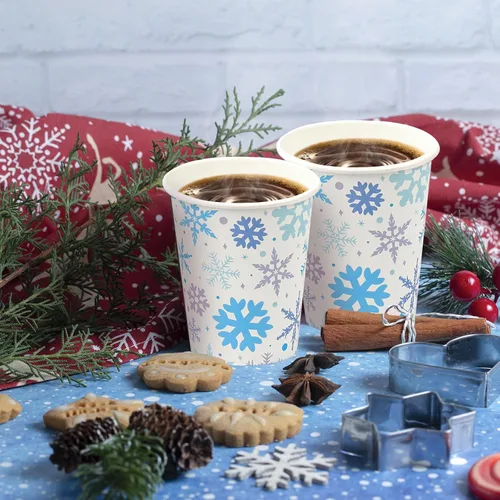 Vista 4 de 100 vasos de papel de copo de nieve de Navidad de 9 onzas, vasos de papel de Navidad, tazas de café desechables de Navidad, tazas de Navidad, vasos