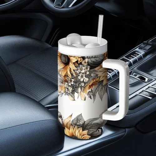 Vista 4 de Vaso de guitarra de girasol de 40 onzas con asa, regalos de taza de música country de vaquera