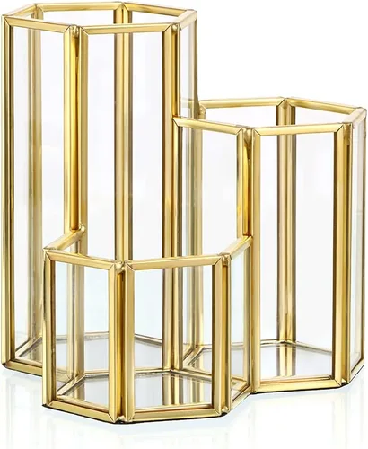 Vista 10 de Hipiwe Porta brochas de maquillaje de vidrio, 3 ranuras espejadas, organizador de brochas de cosméticos doradas, vitrina, caja de almacenamiento