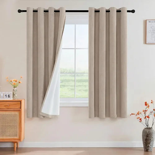 Vista 101 de Cortinas con textura de lino 100% opacas de 64 pulgadas de largo, juego de 2 paneles de cortinas de lino opacas con forro aislante térmico que Arena