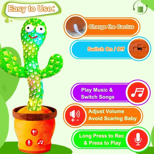 Vista 7 de Juguetes recargables para bebés, juguete de cactus que habla y baila para bebé, volumen ajustable, canto, imitación, repetición, juguetes infantiles