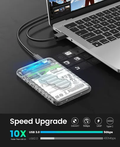 Vista 2 de ORICO Caja de disco duro externo de 2.5 pulgadas USB C a SATA III 5Gbps transparente para todos los discos SATA SSD HDD de 7mm 9.5mm 2.5 pulgadas