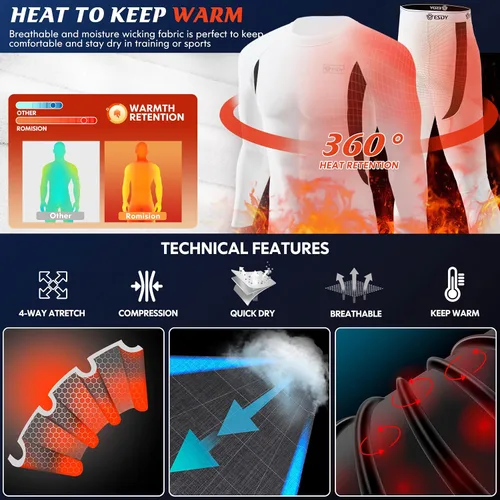 Vista 2 de romision Thermal Underwear for Men 2 Pack Long Johns Fleece Lined Hunting Gear Bottom Top Set Base Layer Cold Weather XS-4XL