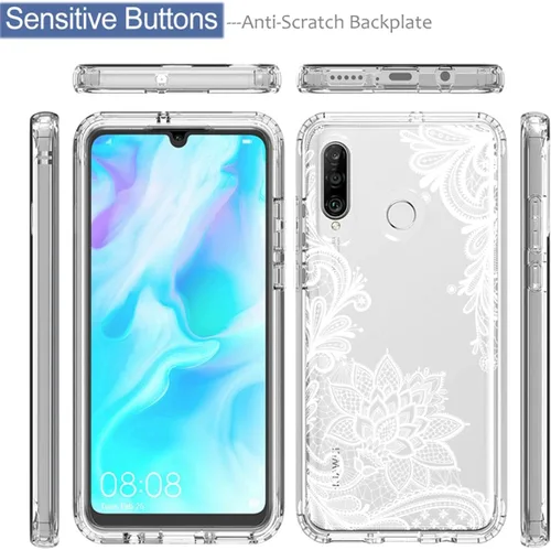 Vista 5 de Funda para P30 Lite/Nova 4E MAR-LX3A con protector de pantalla de vidrio templado, bonito diseño de mandala transparente, funda protectora de cuerpo