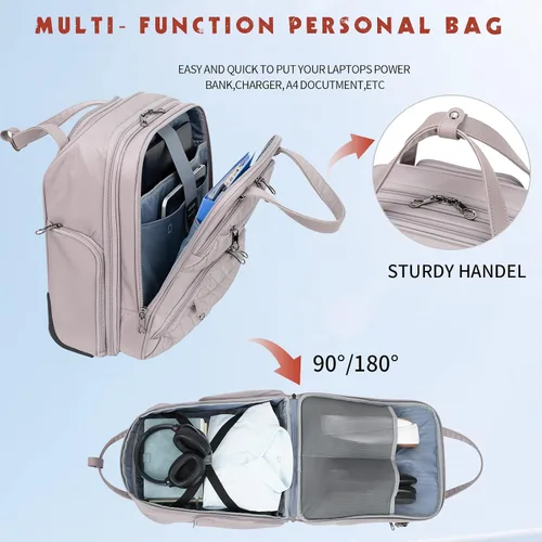 Vista 5 de KROSER Maleta de mano para debajo del asiento, multifuncional, 16 pulgadas, ligera, para mujer, rosa gris