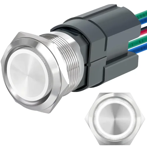 Vista 11 de Interruptor de botón de cierre de 15 amperios, 22 mm, 12 V CC, DPST, luz LED ojo de ángel, acero inoxidable 304, impermeable IP67 con enchufe