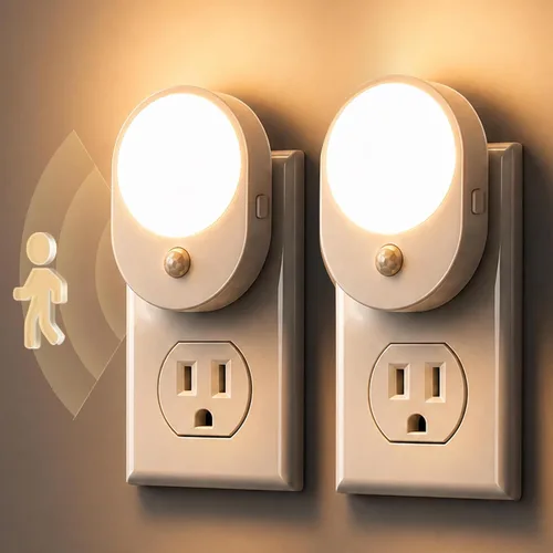 Vista 11 de L LOHAS LED Luz nocturna con sensor de movimiento, paquete de 2 luces nocturnas enchufables a la pared, sensor de movimiento y sensor de atardecer a