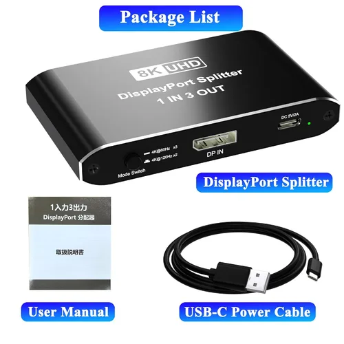 Vista 8 de Displayport Splitter 1 en 3 salidas, 8K @60Hz, 4K @120Hz, Resolución DP 1.4 DisplayPort Switcher Box, soporte DSC, conmutador de puerto de pantalla