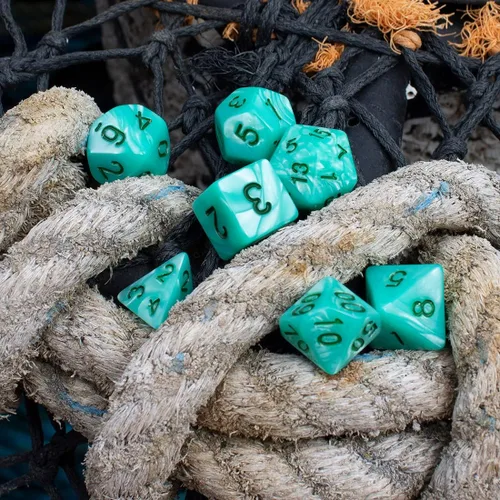 Vista 4 de Dados RPG de perlas turquesas - Juego completo poliédrico - 'Aqua
