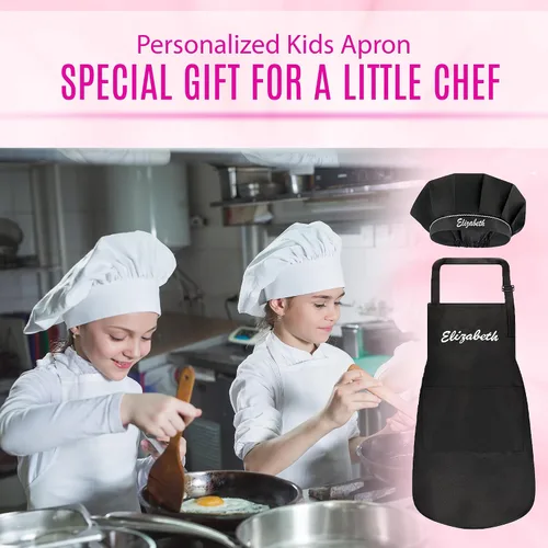 Vista 6 de Juego de delantal personalizado y sombrero de chef, bonito disfraz de chef para niños, delantales con bolsillos para cocinar, pintar, fiestas