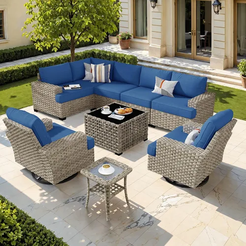 Vista 97 de HOOOWOOO Juego de Muebles Seccionales para Patio al Aire Libre, 6 Piezas Juegos de Conversación de Mimbre Sofá en Forma de L, Sofá Extra Profundo