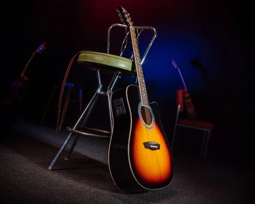 Vista 12 de Washburn Vintage Series - Guitarra acústica-eléctrica de 6 cuerdas, derecha Resplandor solar del tabaco