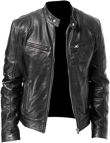 Vista 4 de ADUWOAN Chaqueta de cuero sintético para hombre, ligera, vintage, clásica, con cremallera, de piel sintética