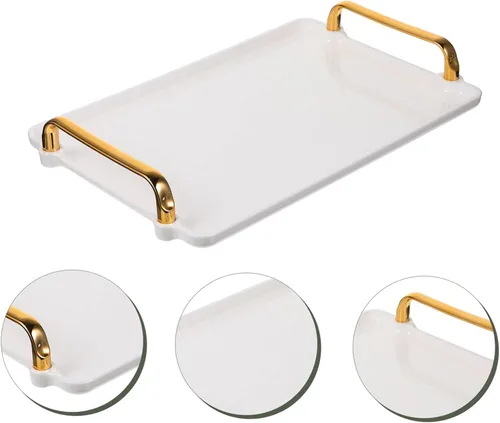 Vista 5 de KICHOUSE Bandeja de almacenamiento de plástico con asas para mesa de café, juego de té, desayuno, comida rápida, bandeja rectangular elegante