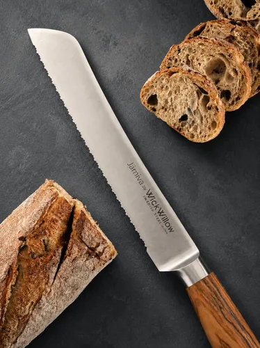 Vista 4 de WICKWILLOW Cuchillo de pan de doble dentado de 8 pulgadas, acero sueco, madera de olivo