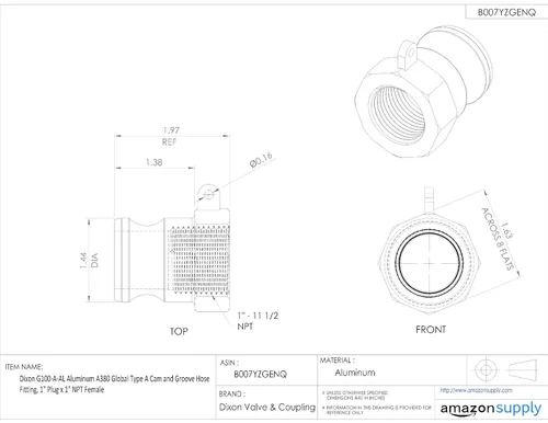 Vista 3 de Dixon G100-A-AL Aluminio A380 Global Tipo A Leva y Ranura Manguera de Ranura, Enchufe de 1" x 1" NPT Hembra