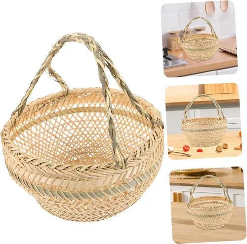 Vista 3 de ABOOFAN Cesta portátil de cosecha de jardín, cesta de almacenamiento de alambre con mango de bambú, cesta de almacenamiento tejida a mano, cesta