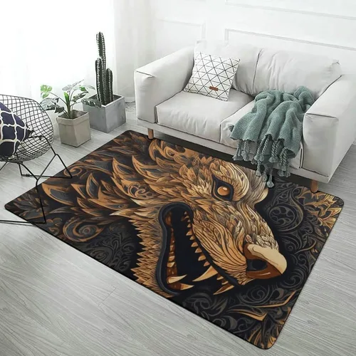 Vista 8 de Alfombra de lobo Fenrir de la mitología nórdica, decoración del hogar, dormitorio, sala de estar, alfombra suave y ligera de franela absorbente