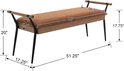Vista 2 de DUOMAY Banco Otomano Rectangular Moderno con Brazos y Patas de Metal, Banco de Mesa de Comedor de PU de Mediados de Siglo, Reposapiés, Banco