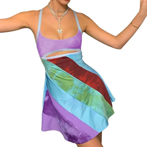 Vista 3 de Vestido corto con tirantes delgados para mujer, sexy, sin espalda, colorido, club, fiesta, cóctel