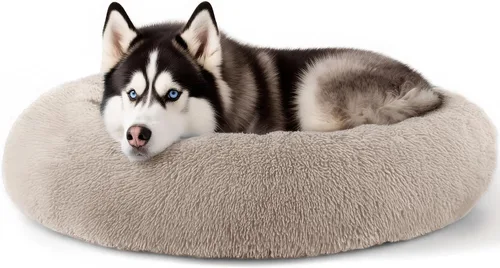Vista 39 de Hoewina - Cama redonda, calmante, en forma de rosquilla, lavable, esponjosa para interiores, perros y gatos pequeños y medianos, negro, 20 pulgadas