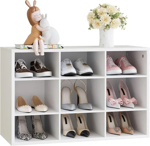 Vista 20 de Garden 4 you Banco de almacenamiento de zapatos, zapatero con 9 cubículos, organizador de zapatos de madera de 3 niveles, armario organizador