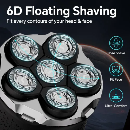 Vista 4 de Afeitadoras eléctricas de cabeza flotante 6D para hombres calvos, afeitadora giratoria magnética para la cara de los hombres, maquinilla de afeitar