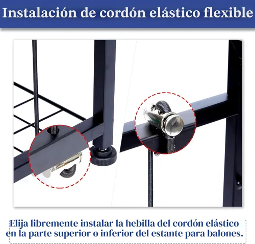 Vista 9 de Organizador de equipo deportivo, estante de almacenamiento de pelotas con correas elásticas y canasta removible para organización de garaje