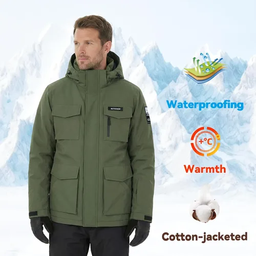 Vista 6 de Chaqueta de esquí para hombre, impermeable, resistente al viento, capucha extraíble para invierno, para motos de nieve, senderismo