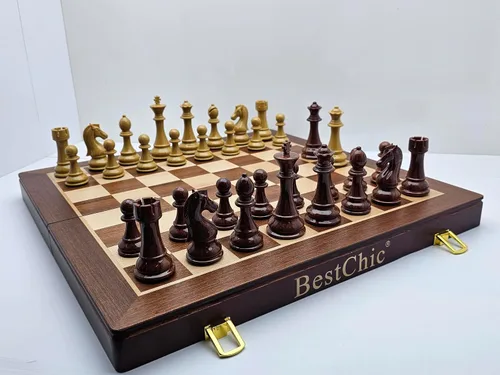 Vista 8 de Juego de ajedrez plegable de 18 pulgadas con piezas de ajedrez estándar de alto peso de polímero para la familia, juegos de mesa vintage, juego