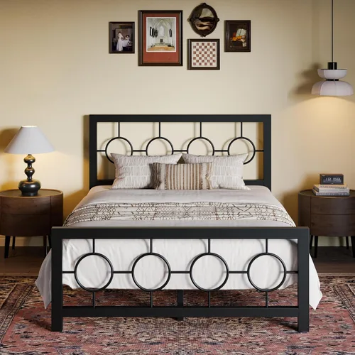 Vista 14 de SHA CERLIN Marco de cama de metal tamaño King con cabecera y pie de cama de diseño circular vintage, no requiere somier, fácil montaje, sin ruido
