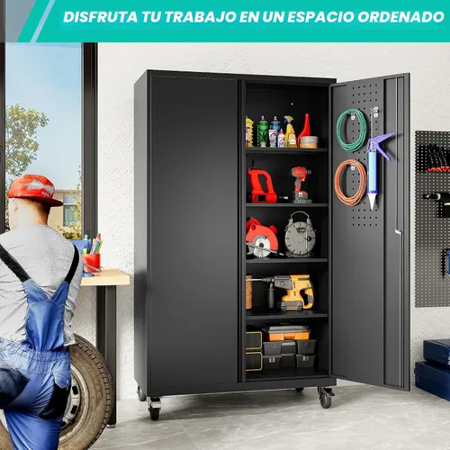 Vista 3 de SISESOL Gabinete de almacenamiento de metal ancho y profundo con ruedas, gabinete de almacenamiento de garaje alto rodante con cerradura, gabinetes