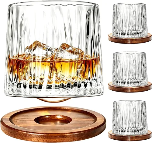 Vista 27 de Vaso de vidrio antiguo giratorio, 275ml/10oz Juego de vasos de whisky de cristal de 2 piezas, posavasos de madera, engrosamiento, utilizado como