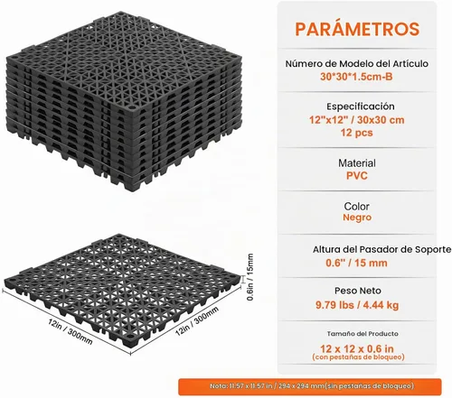 Vista 7 de VEVOR Alfombra Modular Entrelazada, Paquete de 12 Piezas de 30,5 cm x 30,5 cm, Azulejos de Drenaje de PVC Suave Entrelazados, Agujeros de Drenaje