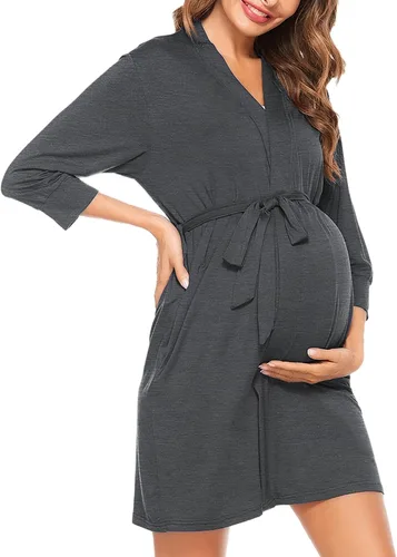 Vista 14 de SWOMOG Women's Maternity Nursing Robe Pregnancy Breastfeeding Bathrobes 3 in 1 Labor Delivery Nightgown Negro (Long Sleeve-Black)