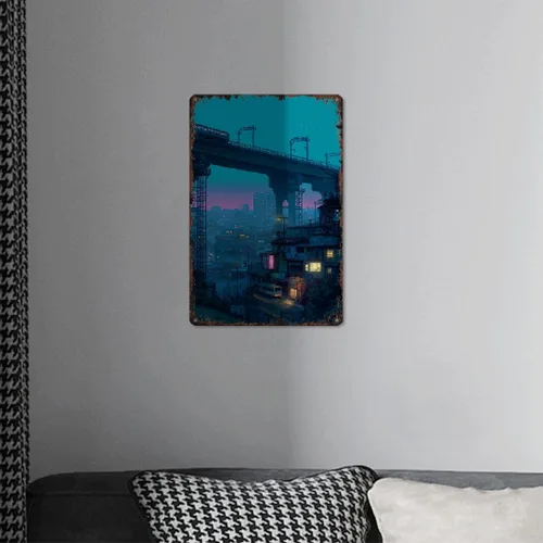 Vista 4 de Cartel de metal vintage Cyberpunk Cityscape divertido Vaporwave Night Street Poster Retro Pixel Aluminio 8x12 pulgadas para baño, sala de estar