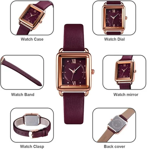 Vista 2 de carlien Reloj de cuarzo para mujer, elegante, rectangular, con correa de cuero y corona de zafiro