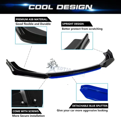 Vista 5 de Xotic Tech alerón de protección para parachoques delantero, negro con azul, kit con barra de acoplamiento ajustable de 8-11 pulgadas