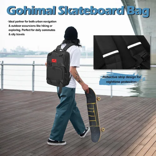 Vista 6 de GoHimal Mochila para monopatín, mochila deportiva, bolsa para laptop, diseño multideportivo para hombres y mujeres, Negro, Tamaño único, Moderno