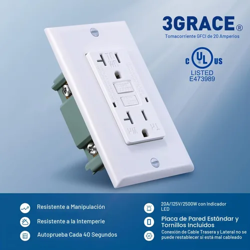 Vista 2 de 3GRACE - Salida GFCI de 20 amperios, receptáculo resistente a manipulaciones y a la intemperie para uso en interiores o exteriores, indicador LED