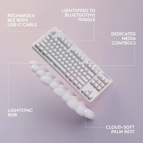 Vista 6 de Logitech G Logitech G715 Teclado mecánico inalámbrico para juegos con LIGHTSYNC RGB, LIGHTSPEED, interruptores táctiles (GX marrón) y reposamanos
