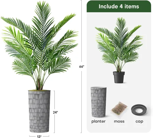 Vista 3 de Árbol artificial en maceta moderna con patrón triangular, palmera tropical areca artificial de seda para decoración del hogar en interiores